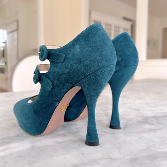 Prada suede teal double strap shoe 37 - Picture 8 of 14